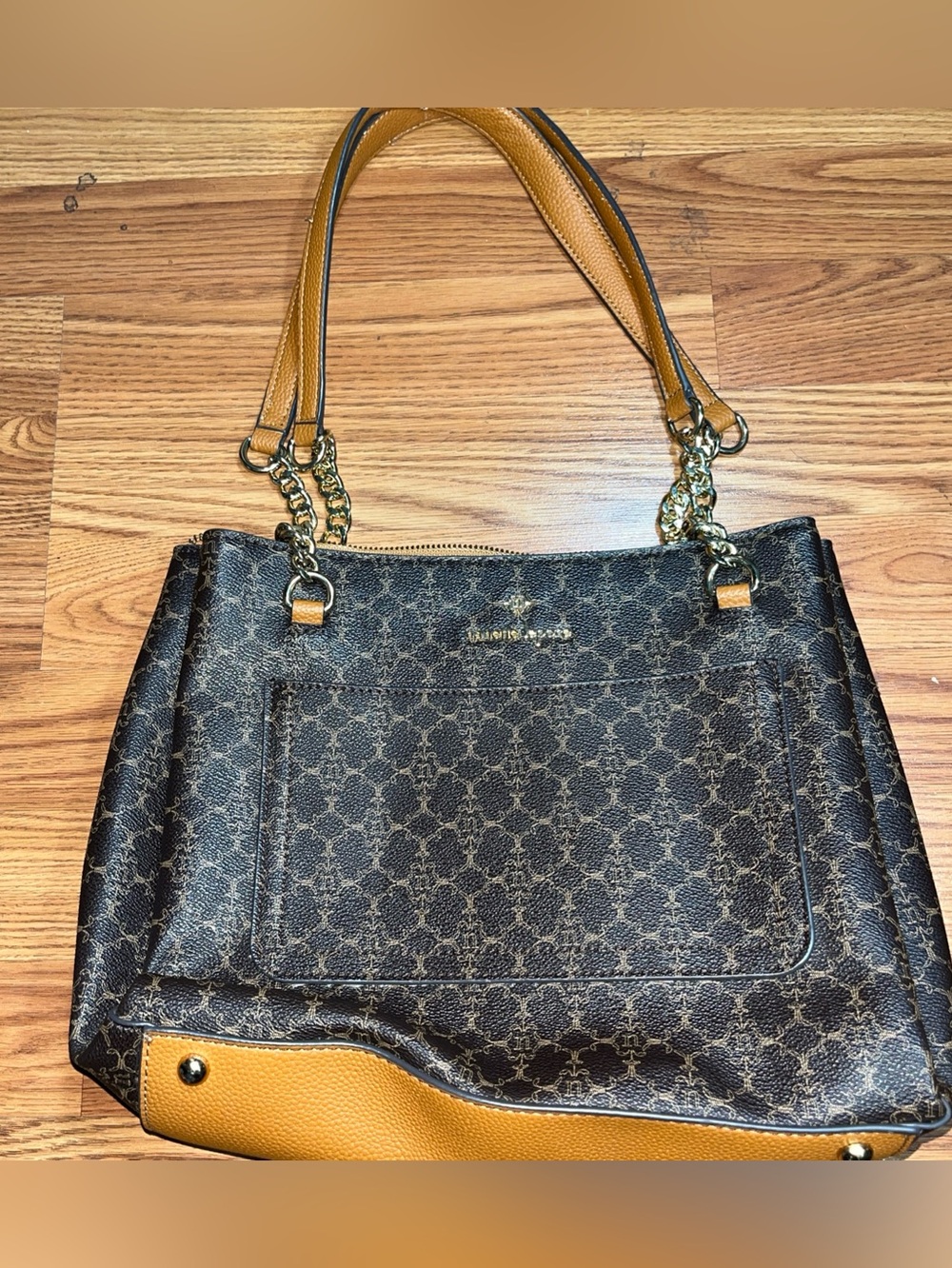 Nanette Lapore Brown Monogram Shoulder Bag with Tan Accents and Chain Handles